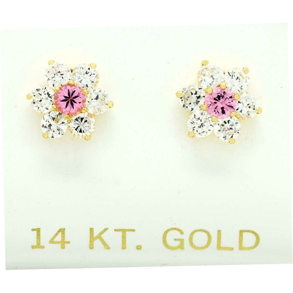 Pink & White Sapphires Stud Flower Earrings 14k Yellow Gold
